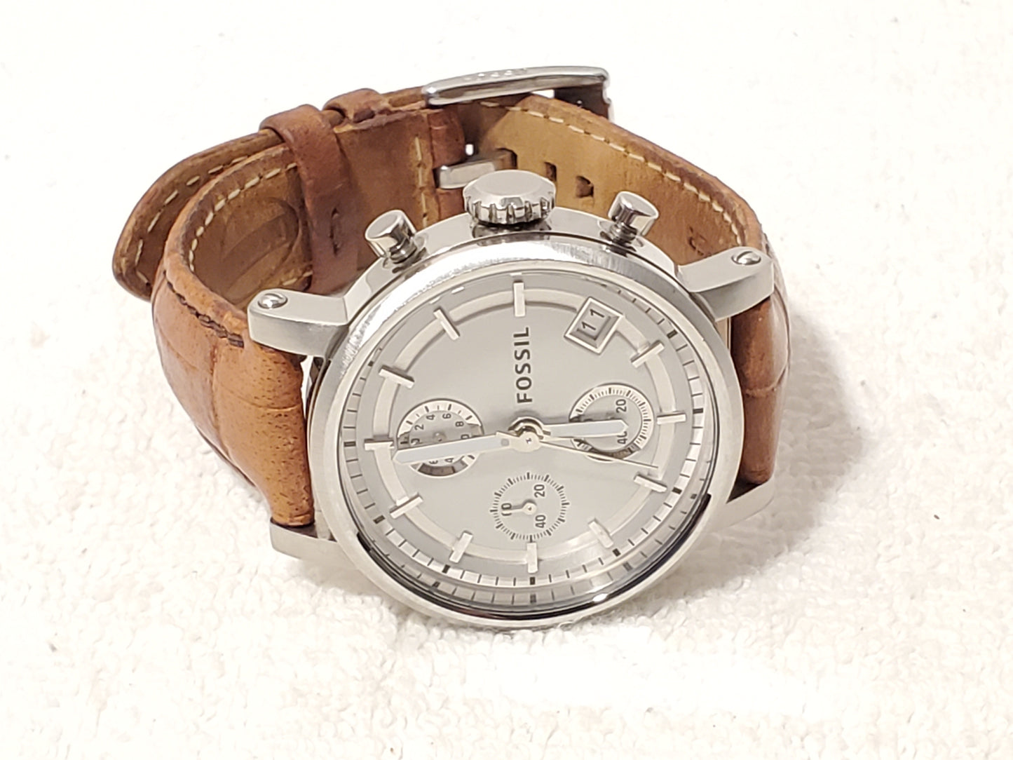 Vintage Fossil Women's Stainless Steel Chronograph Date Watch Brown Leather Band