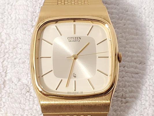 Vintage Citizen CQ Men’s Stainless Steel Gold Plated Quartz Watch Mesh Band
