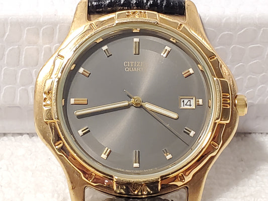 Vintage Citizen Men's Black Dial Date Quartz Watch Gold Plated Leather Strap SS