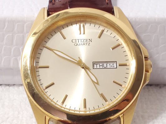 Vintage Citizen Men's Day Date Gold Plated Quartz Watch Brown Leather Strap SS