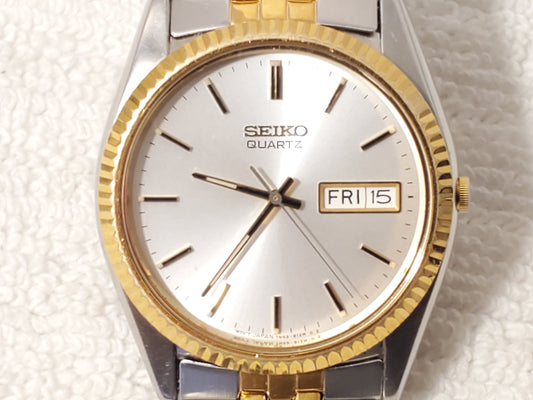 Vintage Seiko Men's Presidential Day Date Watch Gold Tone 1 Jewel Silver Dial SS