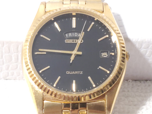 Vintage Seiko Men's Gold Tone Presidential Day Date Watch 1 Jewel Black Dial SS