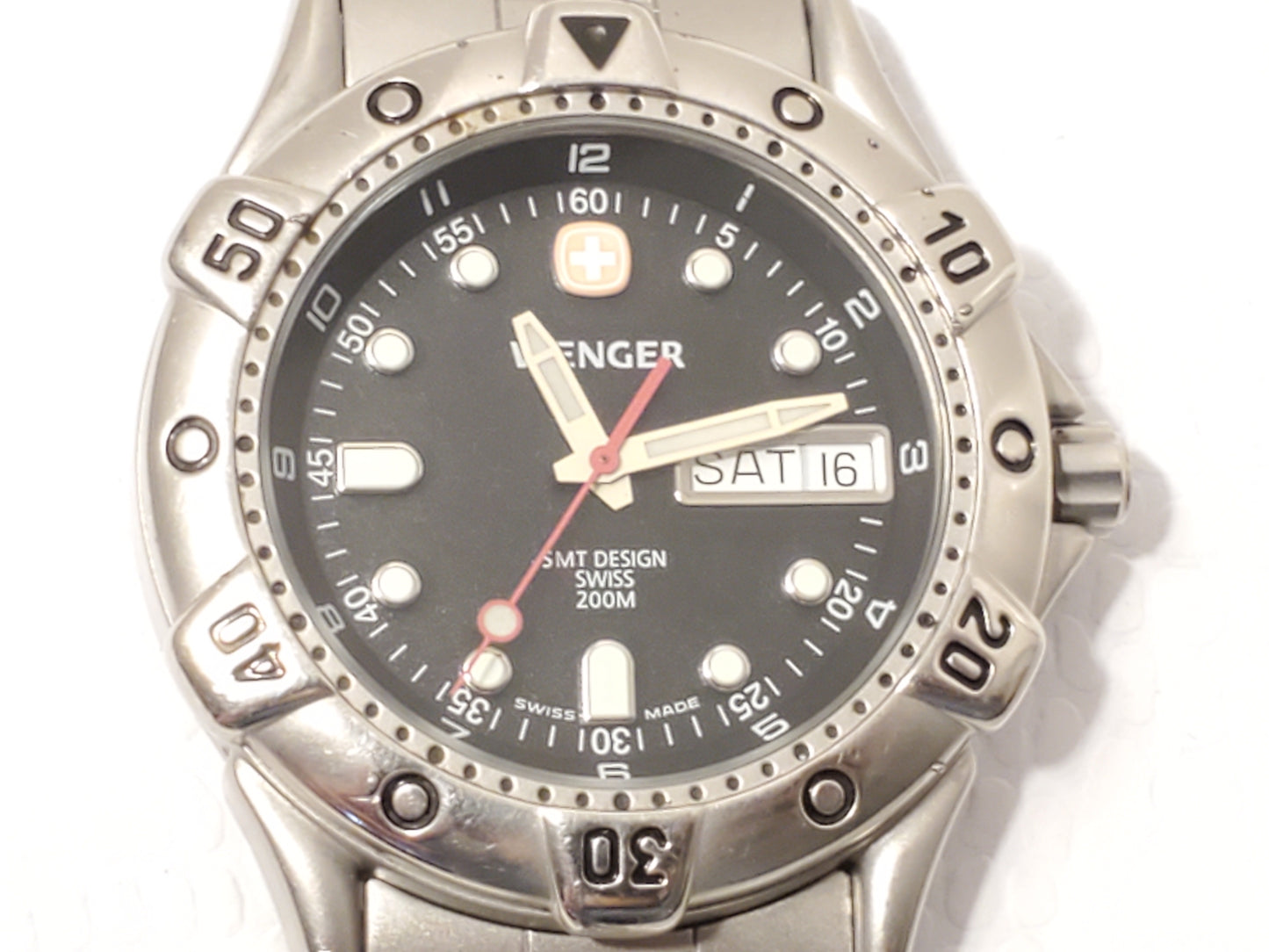 Vintage Wenger SMT Design Men's Day Date Watch WR 200 Meters Black Dial S Steel