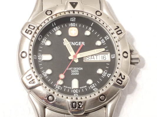 Vintage Wenger SMT Design Men's Day Date Watch WR 200 Meters Black Dial S Steel
