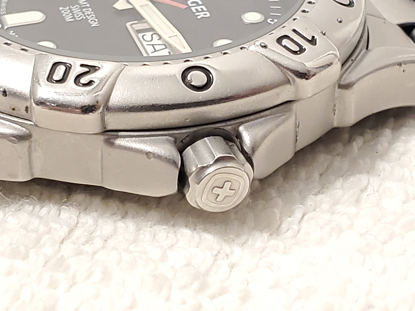 Vintage Wenger SMT Design Men's Day Date Watch WR 200 Meters Black Dial S Steel
