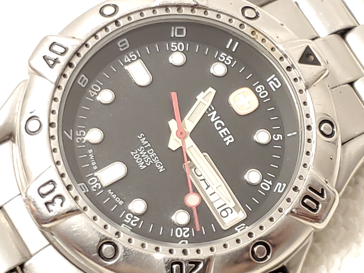 Vintage Wenger SMT Design Men's Day Date Watch WR 200 Meters Black Dial S Steel