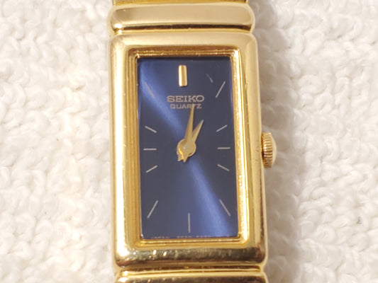 Vintage Seiko Gold Tone Blue Dial Women's Quartz Watch One Jewel Stainless Steel