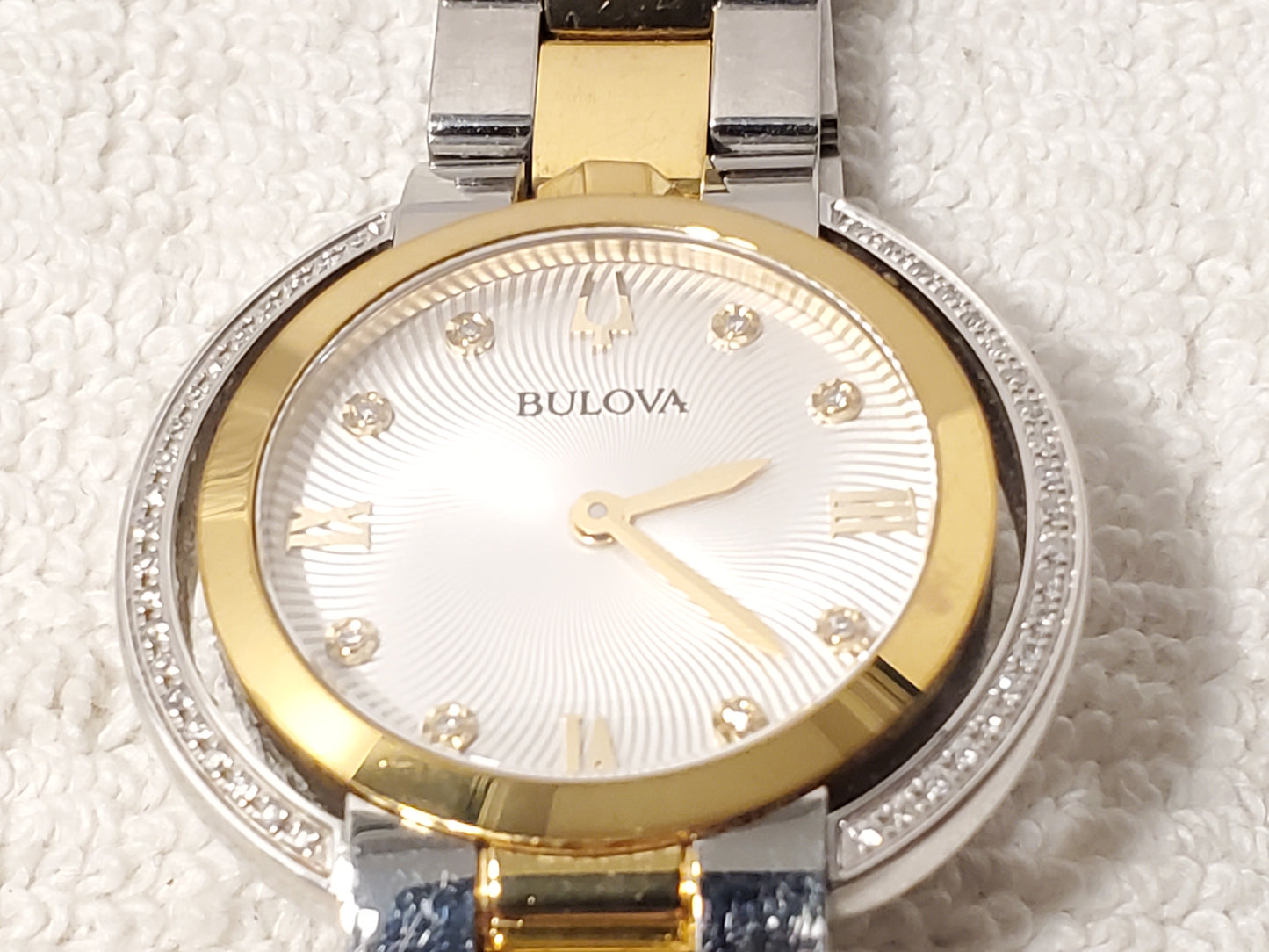 Bulova Women's Diamonds Bezel Silver Dial Gold Tone Sapphire Crystal Watch SS