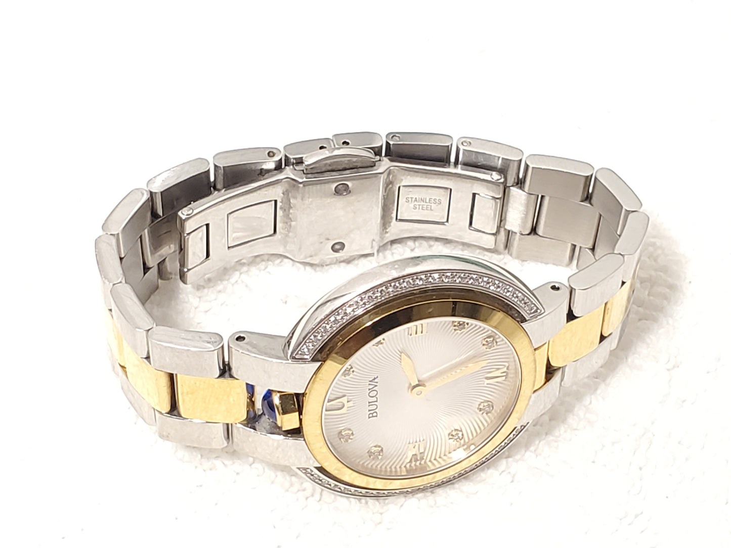 Bulova Women's Diamonds Bezel Silver Dial Gold Tone Sapphire Crystal Watch SS