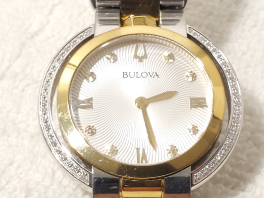 Bulova Women's Diamonds Bezel Silver Dial Gold Tone Sapphire Crystal Watch SS
