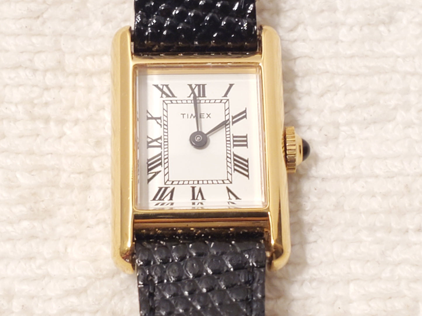 Vintage Timex Women's Tank Wind Up Gold Tone Watch Roman Numerals White Dial SS