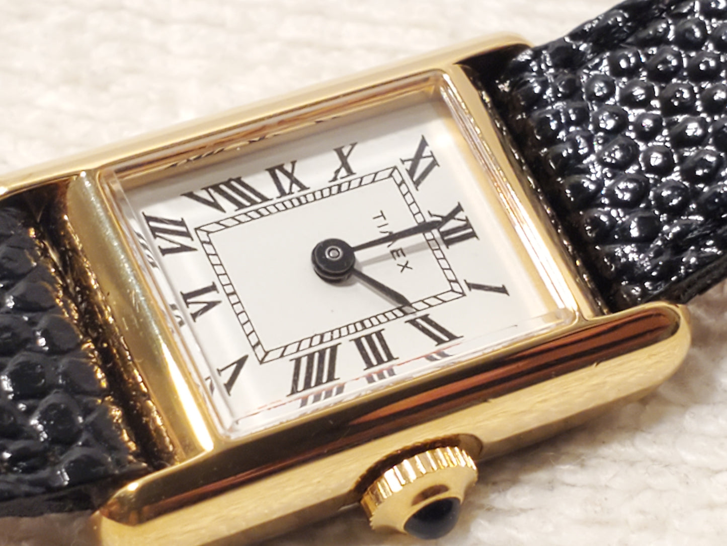 Vintage Timex Women's Tank Wind Up Gold Tone Watch Roman Numerals White Dial SS