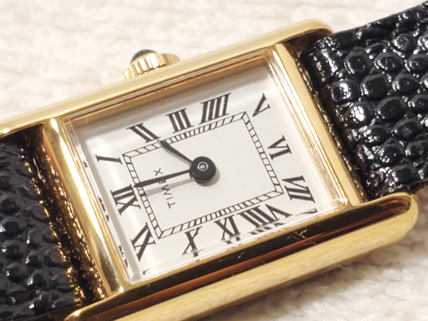Vintage Timex Women's Tank Wind Up Gold Tone Watch Roman Numerals White Dial SS