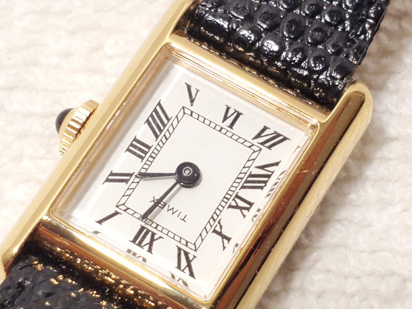 Vintage Timex Women's Tank Wind Up Gold Tone Watch Roman Numerals White Dial SS