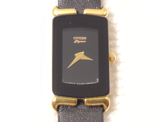 Vintage Citizen Women's Quartz Watch Gold Plated Black Dial Leather Strap Petite