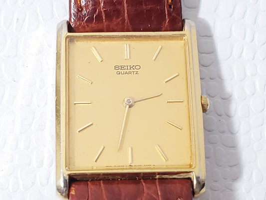 Vintage Seiko Men's Tank Quartz Watch Gold Dial Brown Leather Strap One Jewels
