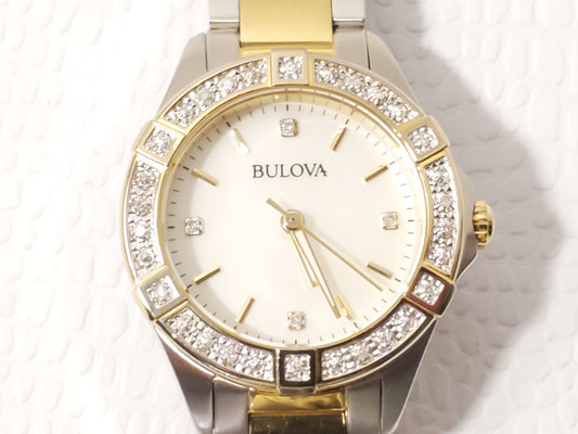 Bulova Women's Gold Tone Mother Pearl Diamonds Dial Bezel Stainless Steel Watch