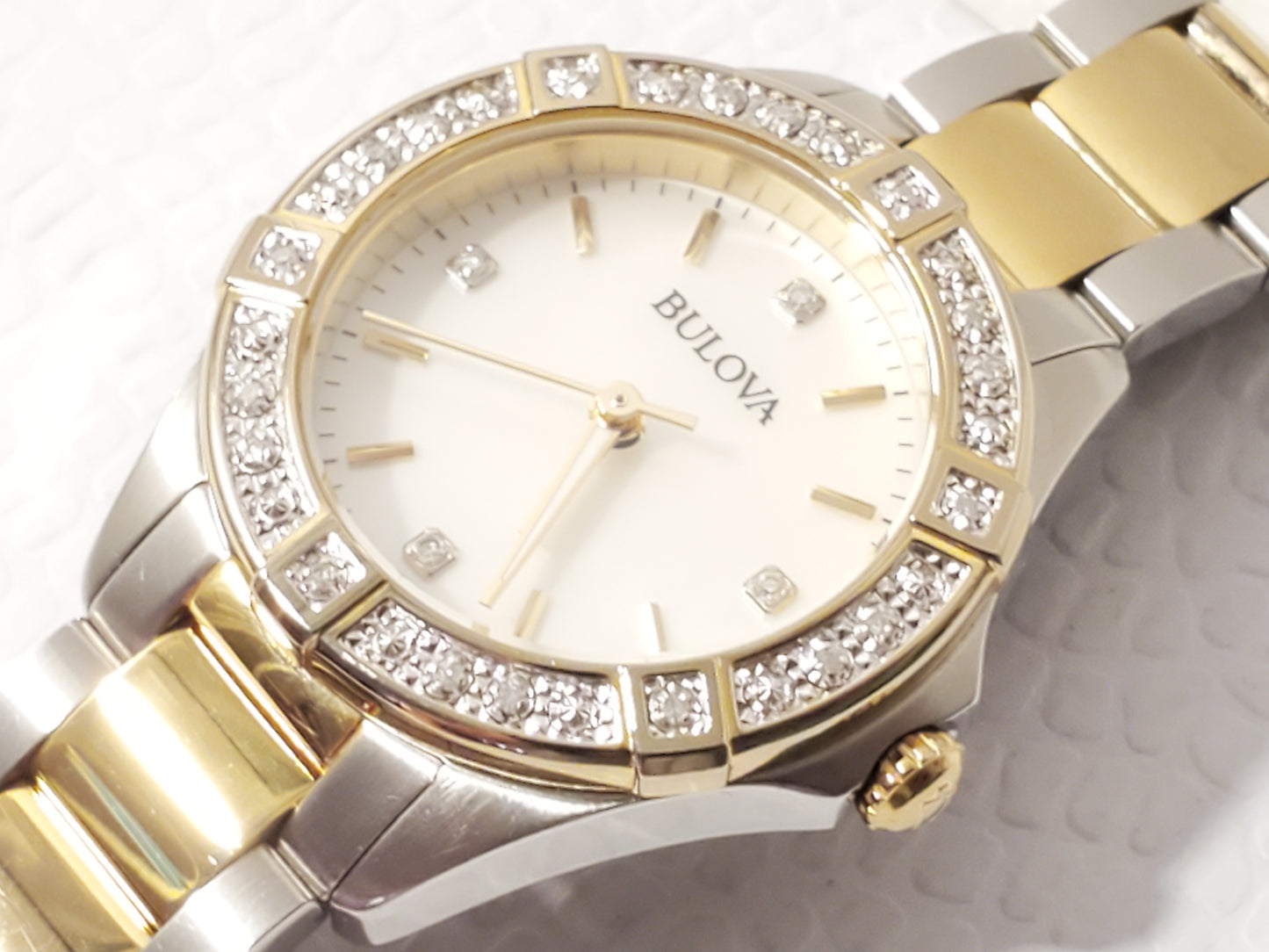 Bulova Women's Gold Tone Mother Pearl Diamonds Dial Bezel Stainless Steel Watch