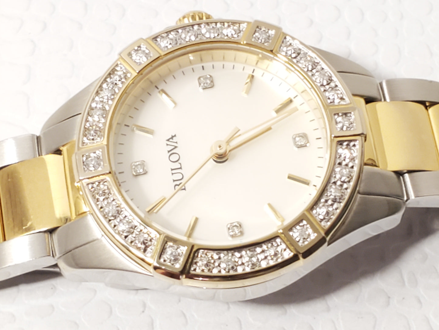 Bulova Women's Gold Tone Mother Pearl Diamonds Dial Bezel Stainless Steel Watch