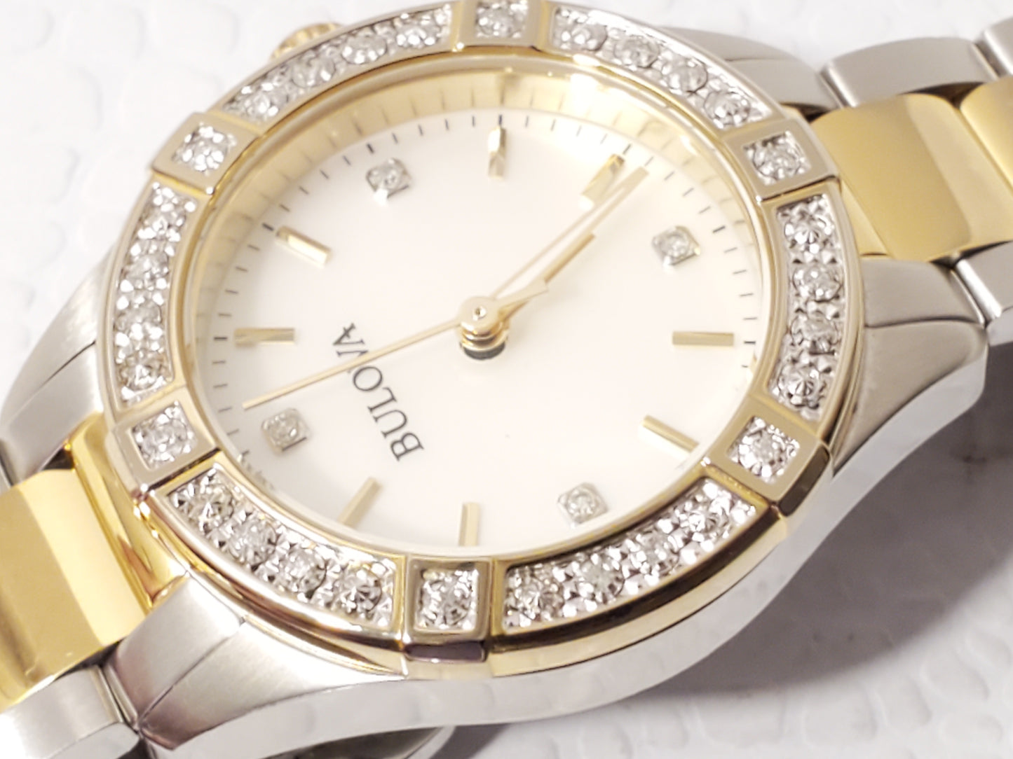 Bulova Women's Gold Tone Mother Pearl Diamonds Dial Bezel Stainless Steel Watch