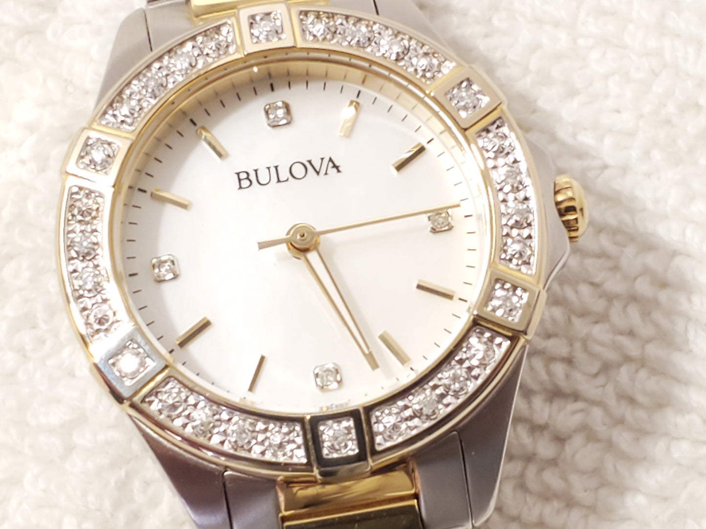 Bulova Women's Gold Tone Mother Pearl Diamonds Dial Bezel Stainless Steel Watch