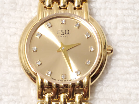 Vintage ESQ Esquire Swiss Women's Gold Plated Watch Diamonds Dial One Jewel SS