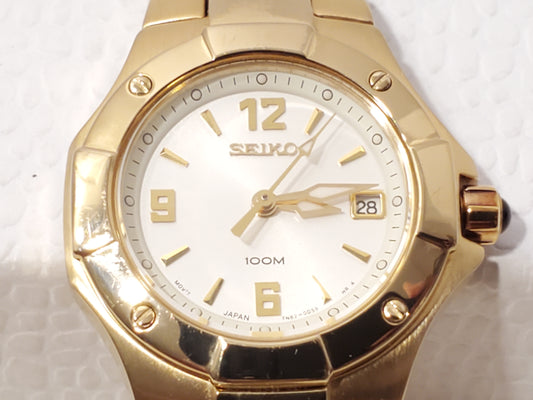 Vintage Seiko Women's Date Watch Gold Tone Stainless Steel Sapphire Crystal
