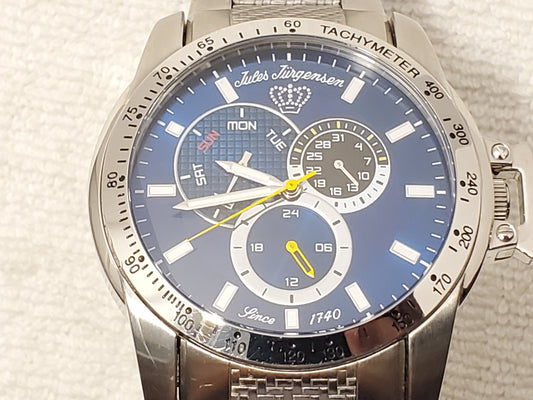 Vintage Jules Jurgensen Men's Blue Dial Day Date Stainless Steel Quartz Watch