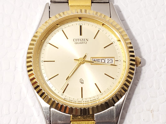 Vintage Citizen CQ Men's Day Date Presidential Watch Gold Tone Stainless Steel