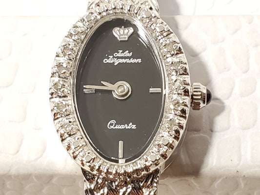 Vintage Jules Jurgensen Women's Watch Diamonds Bezel Black Dial 4 Jewels S Steel