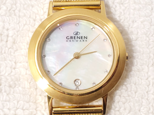 Gruen Denmark Women's Gold Tone Date Watch Mother Pearl Swarovski Crystals Dial