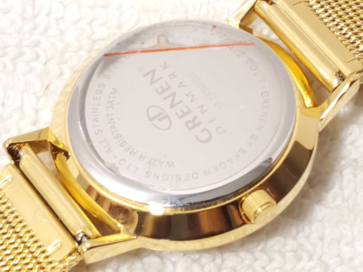 Gruen Denmark Women's Gold Tone Date Watch Mother Pearl Swarovski Crystals Dial