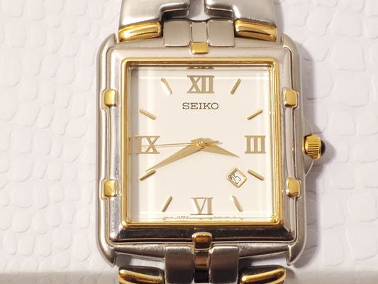 Vintage Seiko Men's Tank Date Gold Tone Stainless Steel Quartz Watch White Dial