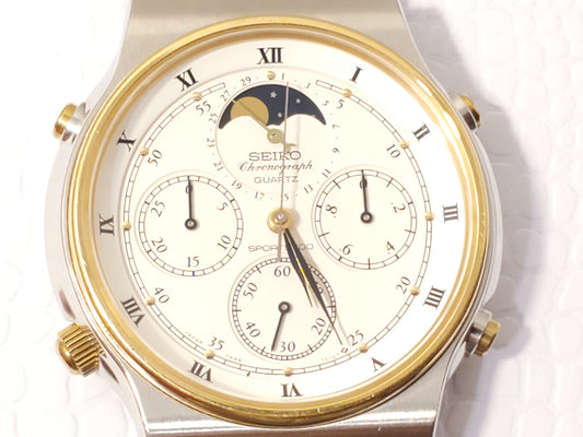 Vintage Seiko Mens Chronograph Date Moon Phase Watch 15 Jewels Gold Tone S Steel