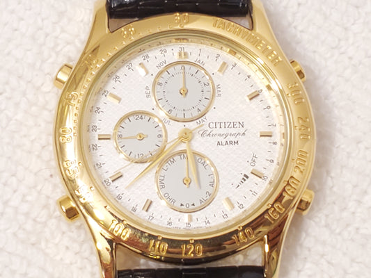 Vintage Citizen Chronograph Alarm Date Month Timer Men Gold Plated Watch Leather