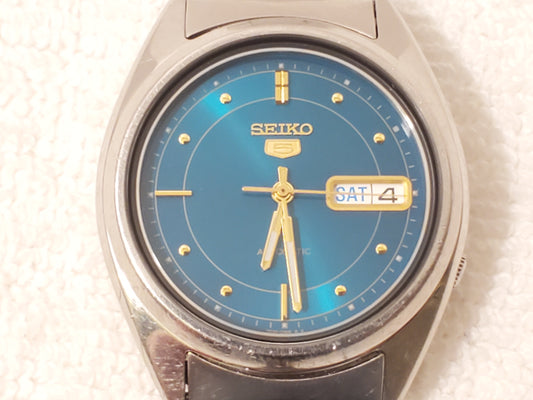 Vintage Seiko 5 Men's Automatic Day Date Green Dial Watch S Steel 21 Jewels
