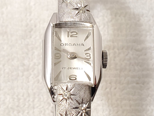 Vintage Organa Swiss Made Women's Wind Up Watch 14 Diamonds Bracelet 17 Jewels