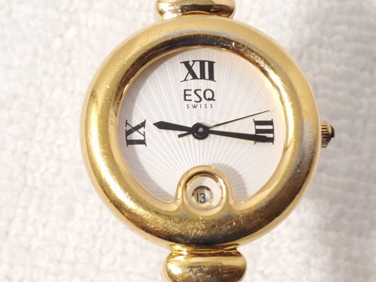 Vintage ESQ by Movado Womens White Dial Gold Plated 5 Jewels Date Watch Bracelet