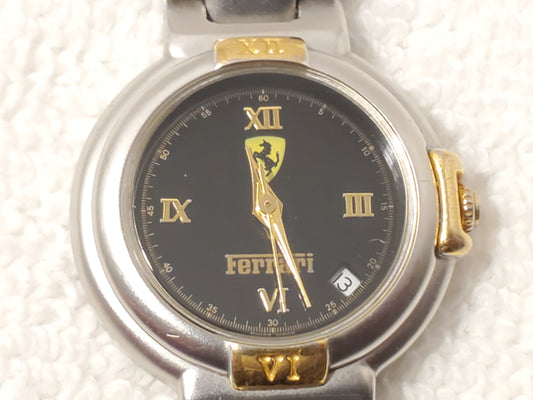 Vintage Ferrari Swiss Women's Date Gold Tone One Jewel Watch Black Dial S Steel