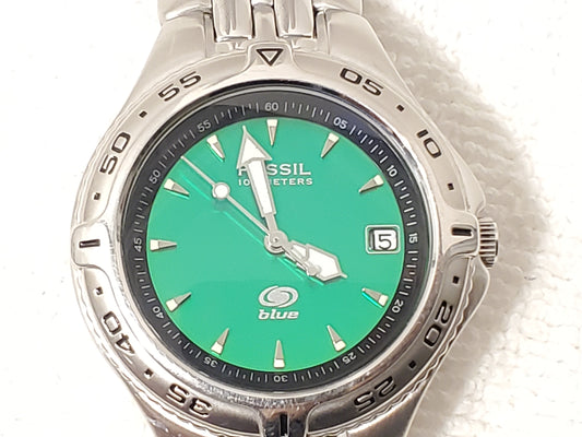 Vintage Fossil Men's Date Quartz Watch Teal Dial Stainless Steel WR 100 Meters