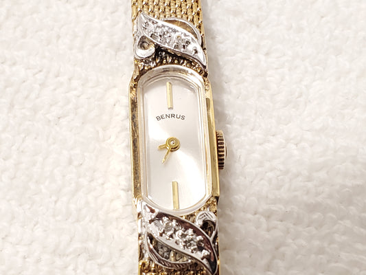 Vintage Benrus Swiss Gold Plated Diamonds Bezel Women's Wind Up Watch 17 Jewels