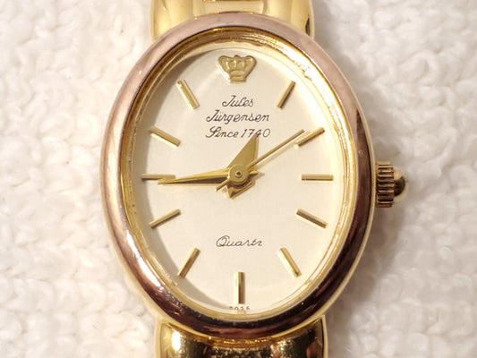 Vintage Jules Jurgensen Women's Gold Tone Amethyst Quartz Watch Link Bracelet SS