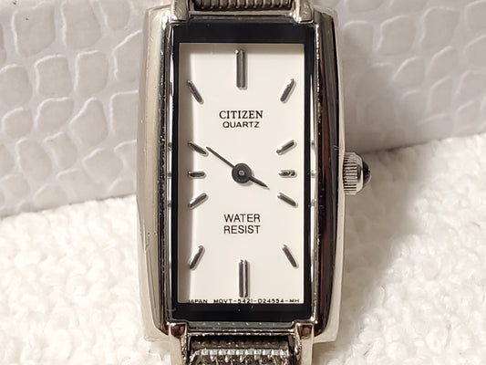 Vintage Citizen Women's Tank Stainless Steel Watch White Dial Mesh Band Onyx Tip