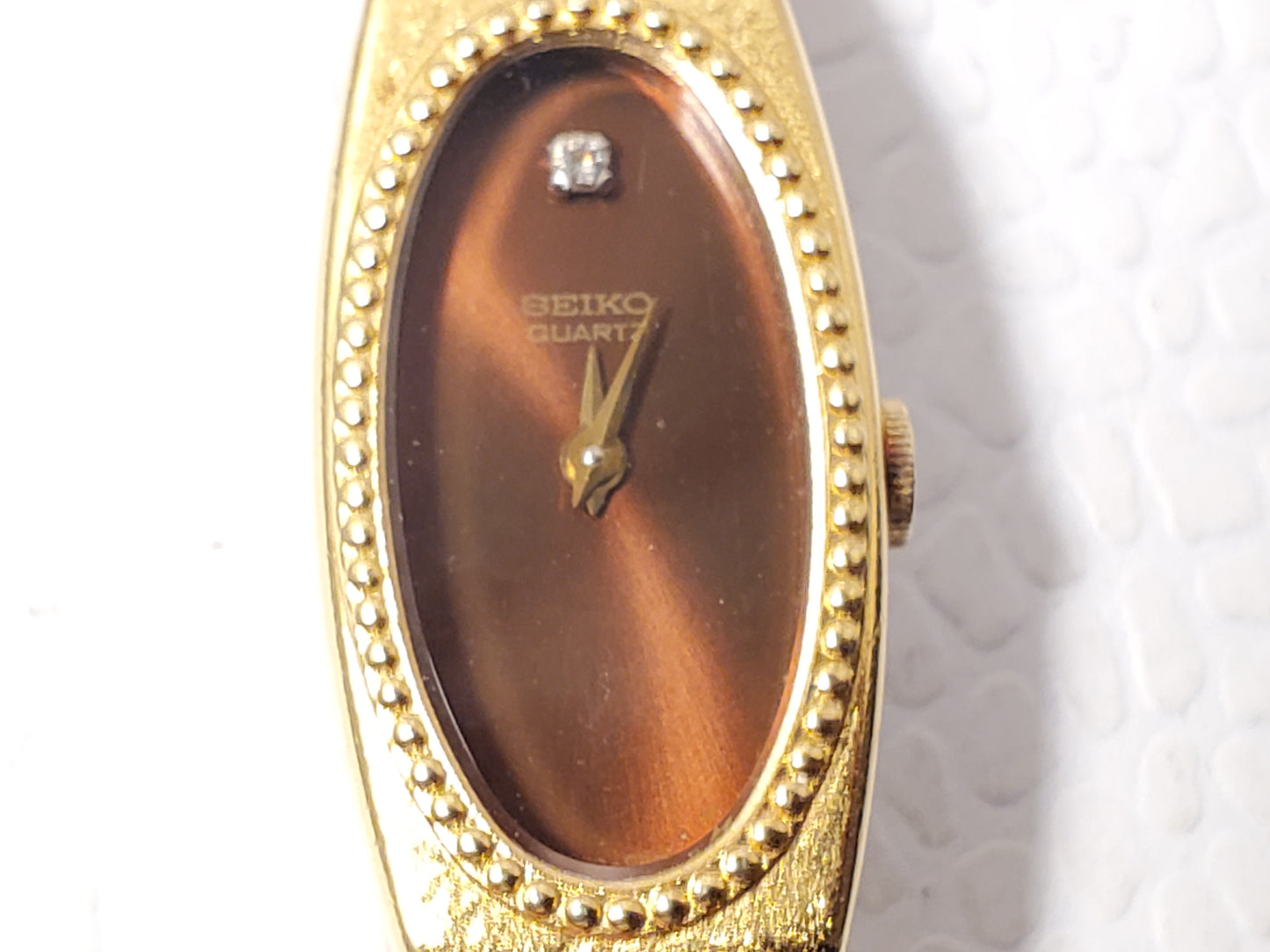 Vintage Seiko Women's Gold Plated Quartz Watch Brown One Diamond Dial Six Jewels