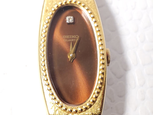Vintage Seiko Women's Gold Plated Quartz Watch Brown One Diamond Dial Six Jewels