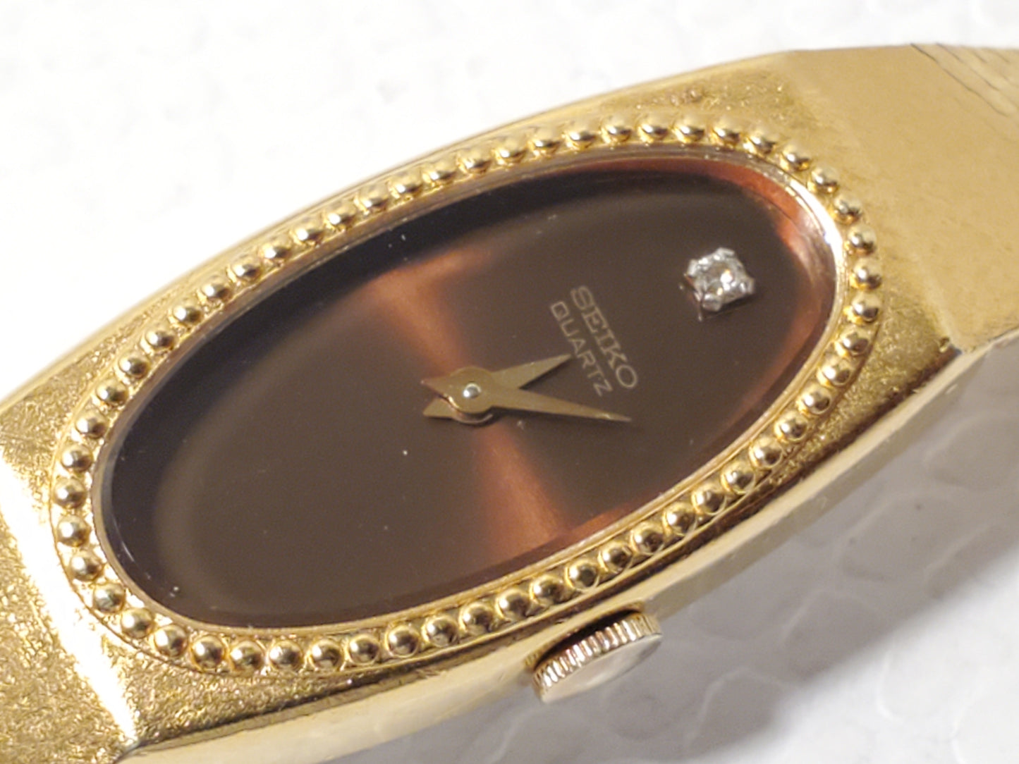Vintage Seiko Women's Gold Plated Quartz Watch Brown One Diamond Dial Six Jewels