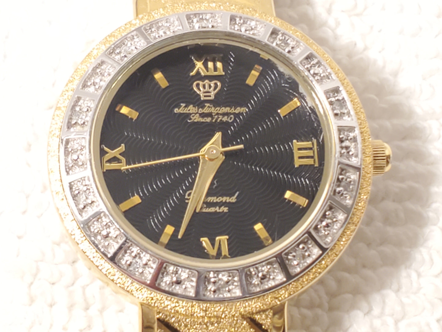 Vintage Jules Jurgensen Women Gold Plated Diamonds Bezel Watch Black Dial SS 1J