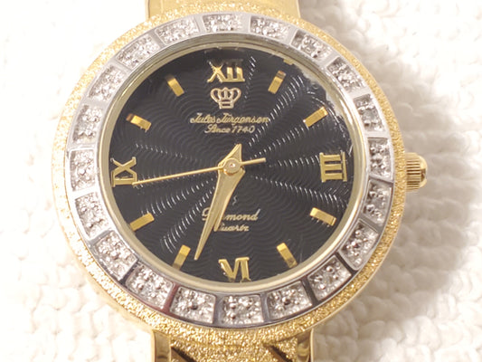 Vintage Jules Jurgensen Women Gold Plated Diamonds Bezel Watch Black Dial SS 1J