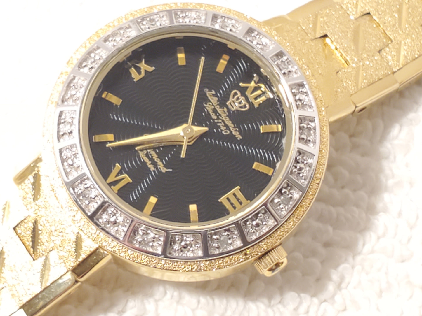 Vintage Jules Jurgensen Women Gold Plated Diamonds Bezel Watch Black Dial SS 1J
