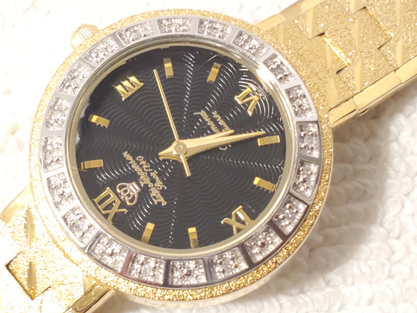Vintage Jules Jurgensen Women Gold Plated Diamonds Bezel Watch Black Dial SS 1J